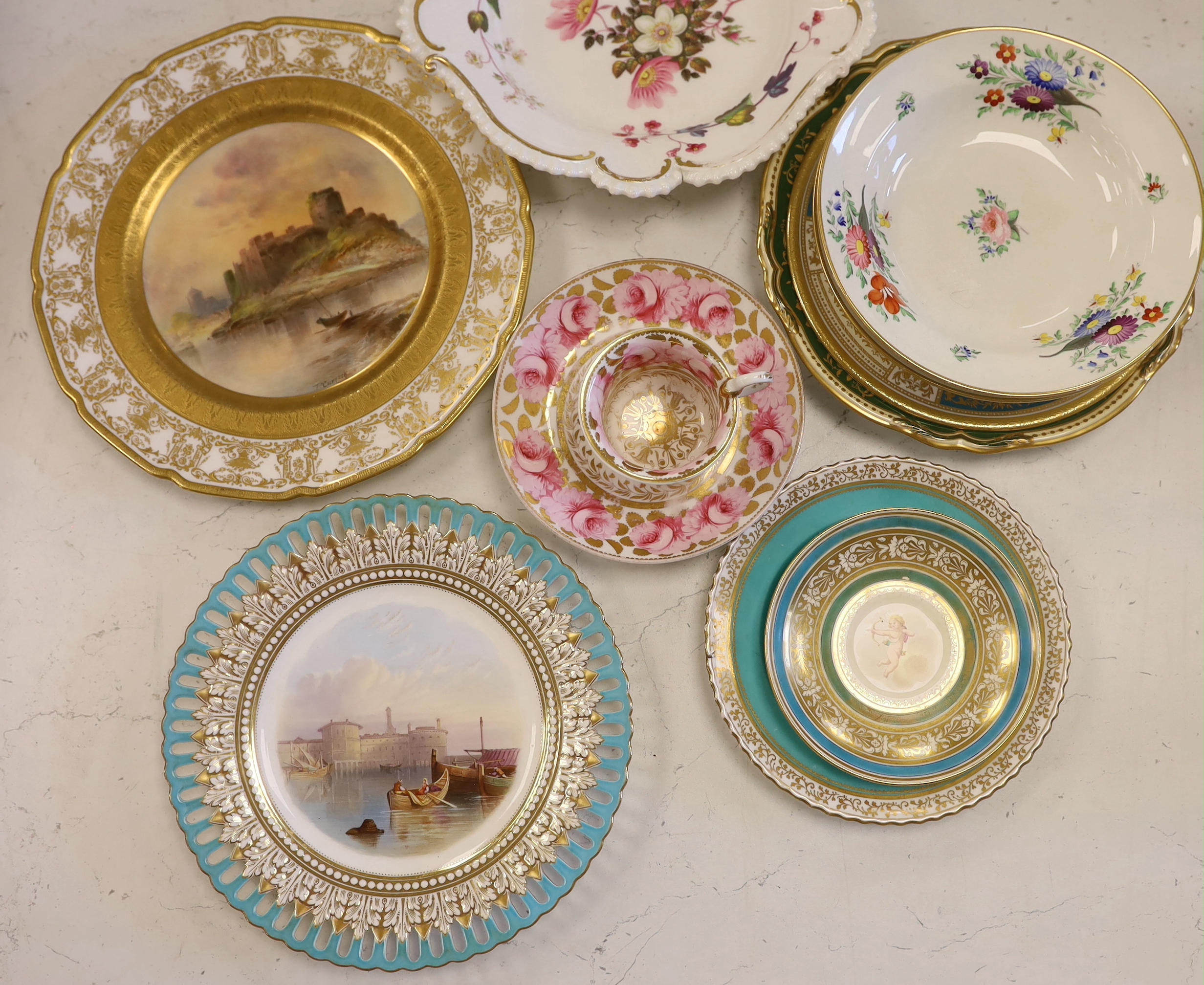 A collection of 19th/20th century English porcelain tableware including a Royal Doulton ‘Pembroke Castle’ cabinet plate, 26cm diameter (11)